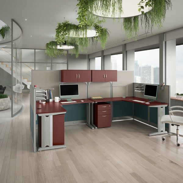 Shop Master Office Furniture Office in an Hour 2 Person L Shaped Cubicle Desks with Storage, Drawers, and Organizers 01 OIAH008HC  color hansen cherry