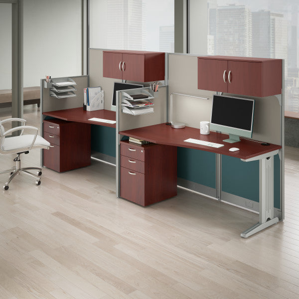 Shop Master Office Furniture Office in an Hour 2 Person Straight Cubicle Desks with Storage, Drawers, and Organizers 01 OIAH005HC  color hansen cherry