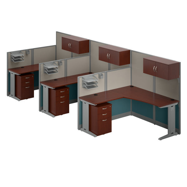 Shop Master Office Furniture Office in an Hour 3 Person L Shaped Cubicle Desks with Storage, Drawers, and Organizers 02 OIAH006HC  color hansen cherry