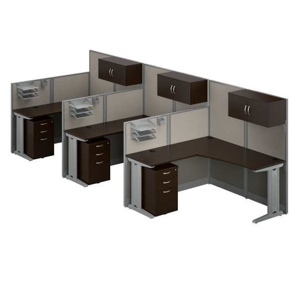 Shop Master Office Furniture Office in an Hour 3 Person L Shaped Cubicle Desks with Storage, Drawers, and Organizers 02 OIAH006MR  color mocha cherry